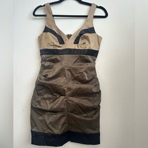 Y2K mini dress metallic ruched bodycon club dress Elegant Black and Tan Small